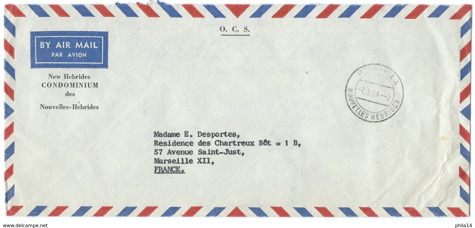 ENVELOPPE  PORT VILA NOUVELLES HEBRIDES 1964 POUR MARSEILLE / OCS / SERVICE DES POSTES AU VERSO - Brieven En Documenten