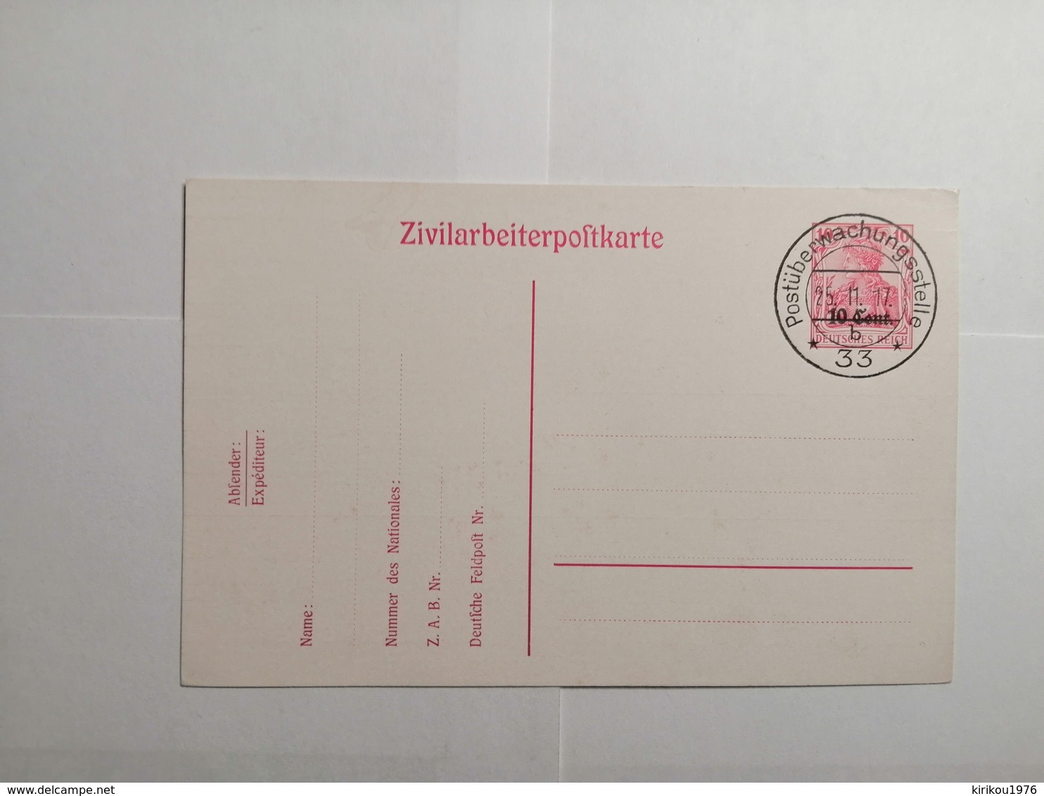 Deutsches Reich  Zivilarbeiterpostkarte 1917 - Storia Postale