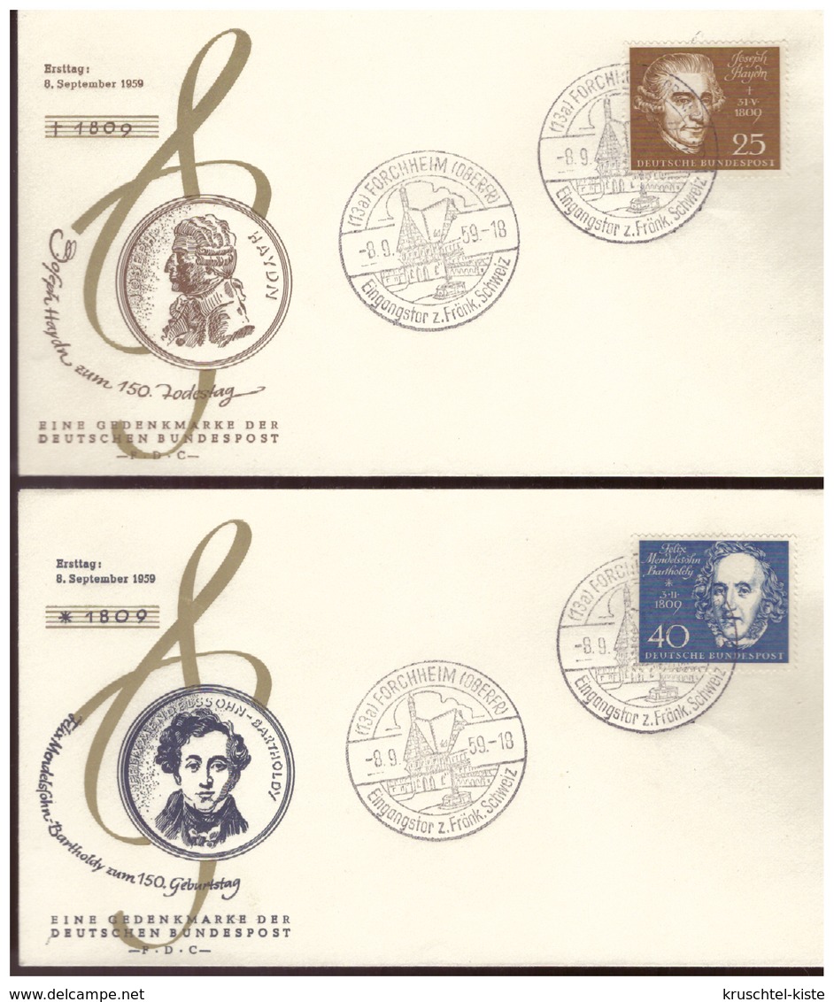 Bund (007772)  5 Belege FDC Mit Einzelmarken Aus Block 2 (Bethovenblock) Mit SST Forchheim Am 8.9.1959 - Briefe U. Dokumente