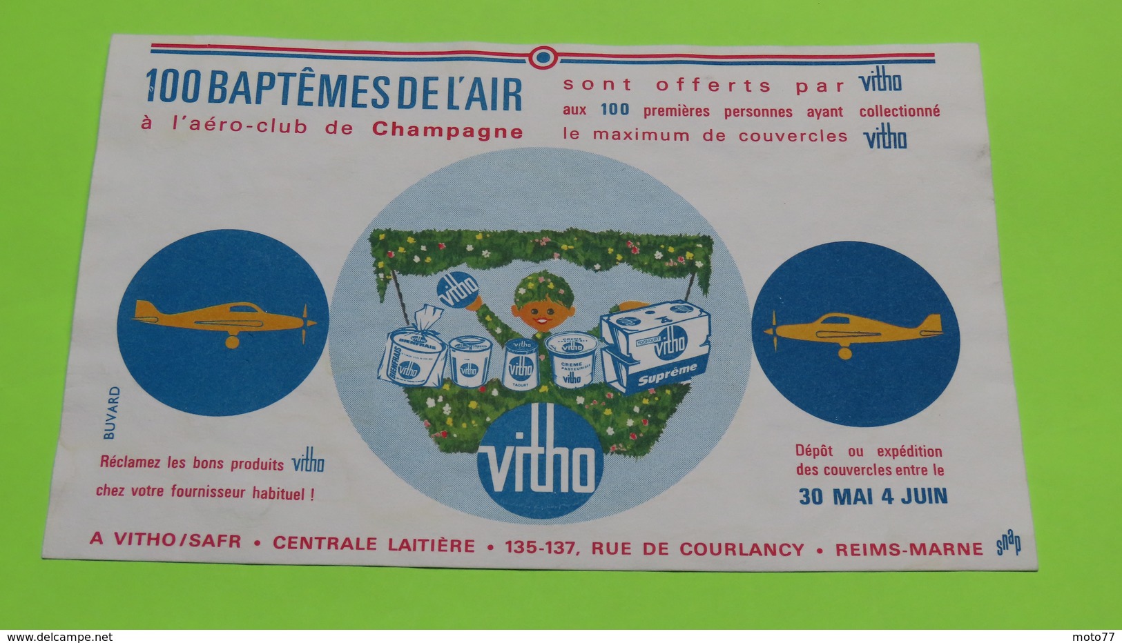 Buvard - VITHO Baptême De L'air Offert Collection Couvercles - Etat D'usage : Voir Photos - 21x13.5 Environ - Année 1950 - Zuivel