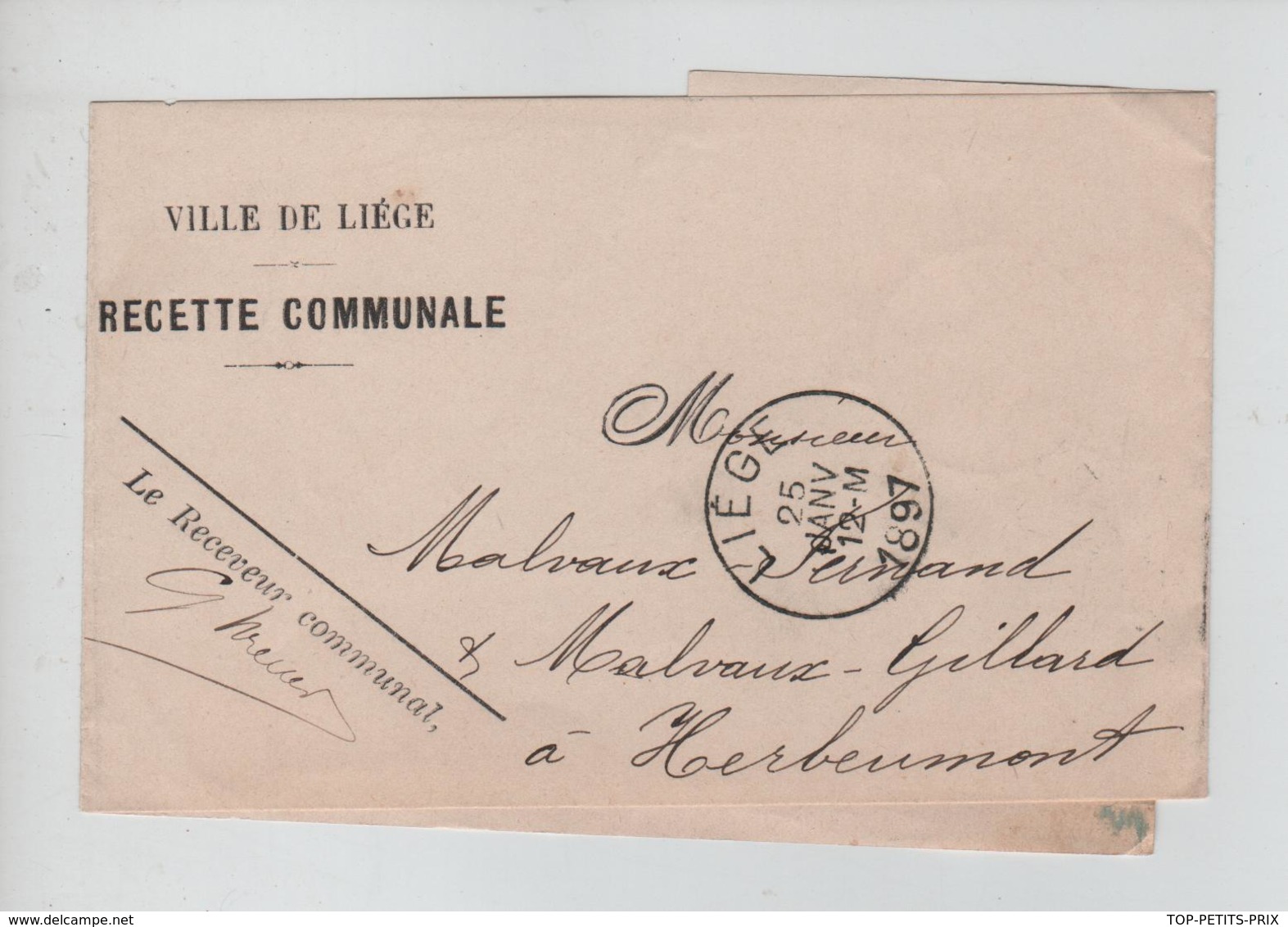 REF475/ Manchon En Franchise Ville De Liège Recette Communale C.Liège 25/1/1897 > Herbeumont C.d'arrivée - Franchise