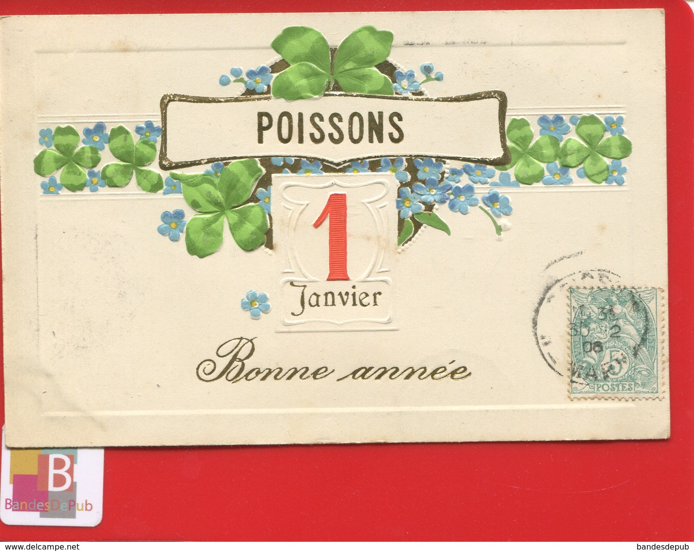 Rare Poissons Haute Marne Belle CPA Bonne Année Dorée Trefle Myosotis Maurice Martin Longeville Aisne - Poissons