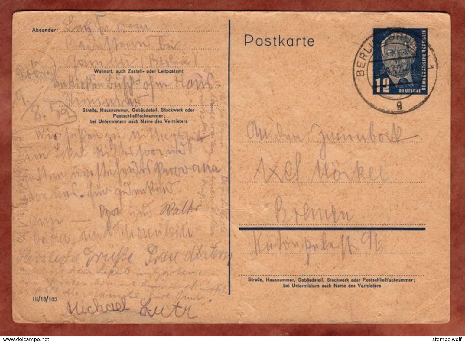 P 50/03 Pieck, Handgemalte Zeichnung, Berlin-Gruenau Nach Bremen 1952 (91811) - Postkaarten - Gebruikt