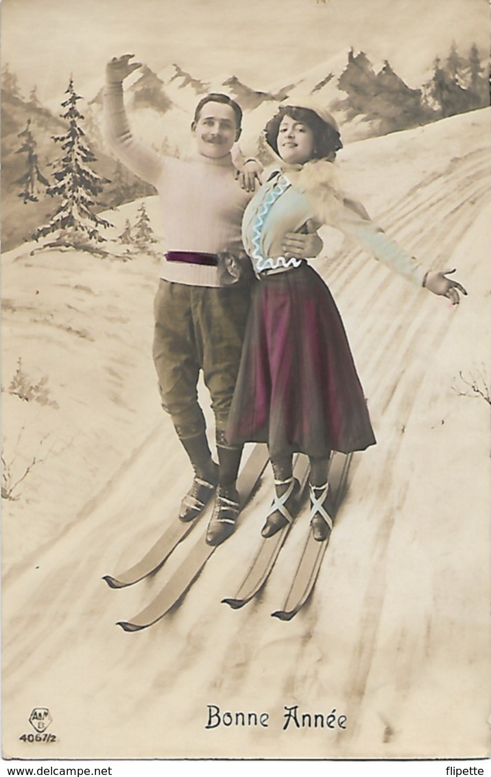 L100F117 - Bonne Année - Couple En Skis - A&M B N°4067/2 - Nouvel An