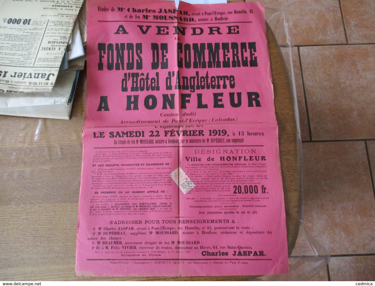 HONFLEUR LE 22 FEVRIER 1919 VENTE FONDS DE COMMERCE D'HÔTEL D'ANGLETERRE BOULEVARD CARNOT ET RUE GAMBETTA - Affiches