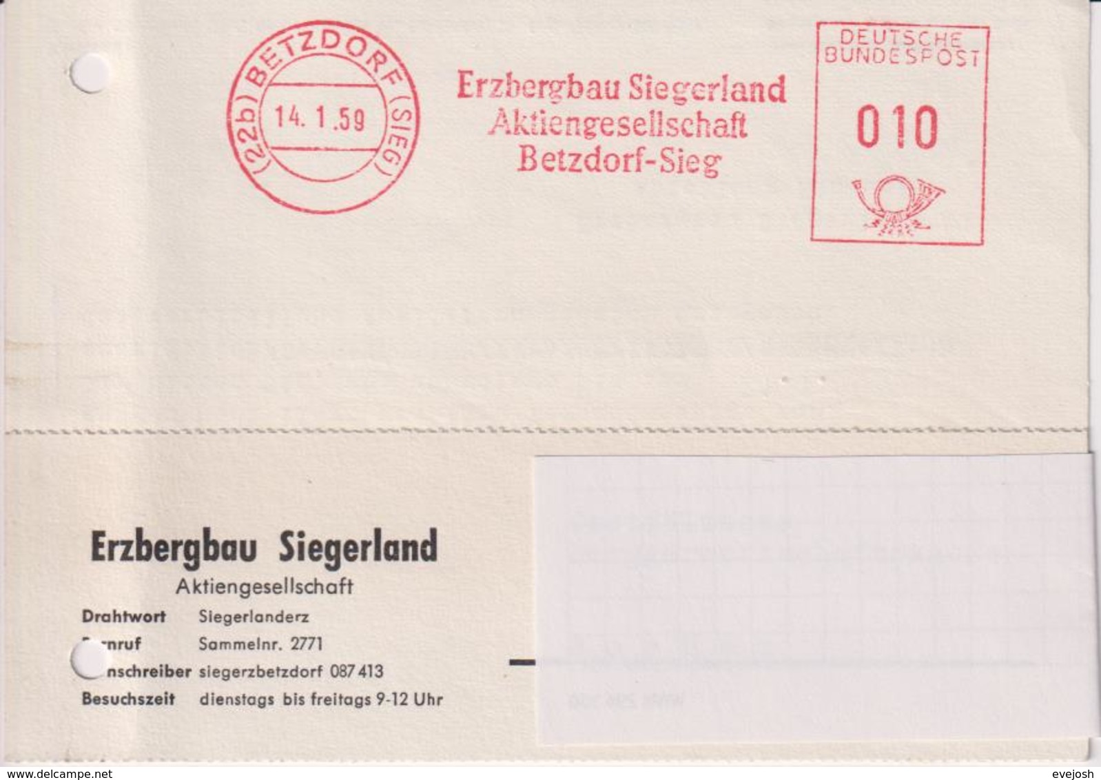 Karte BRD, Absenderfreistempel Erzbergbau Siegerland AG Betzdorf-Sieg, 1959, Bergbau - Minerali