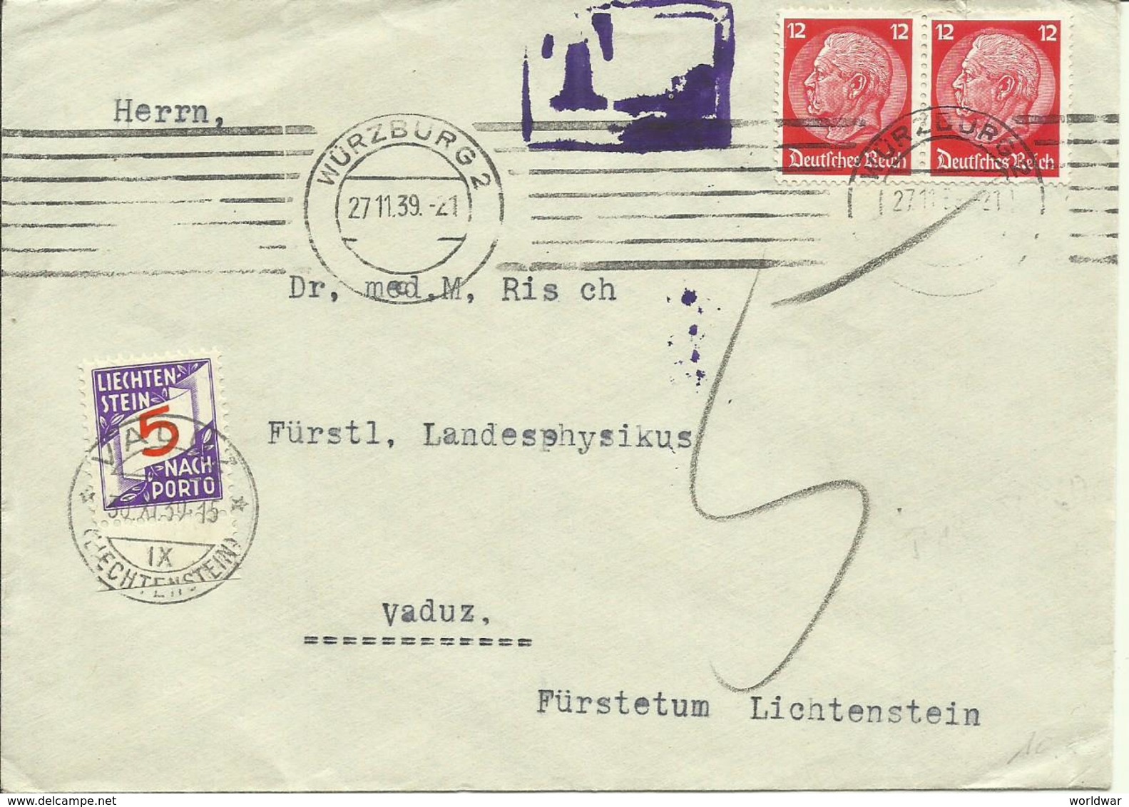 1939 Taxated Letter From Würzburg (Germany) To Vaduz  5 Rp. - Segnatasse