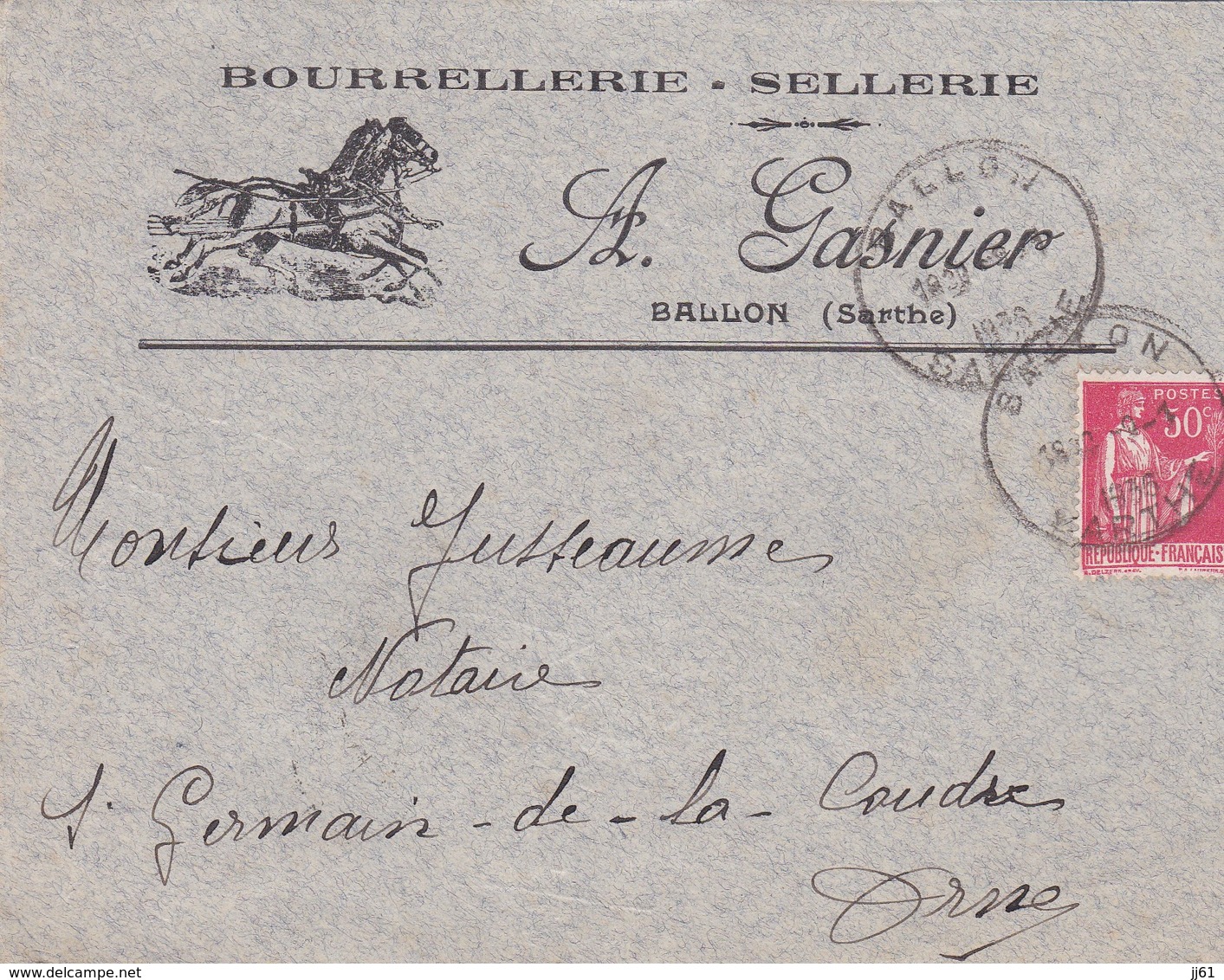 BALLON SARTHE A GASNIER BOURRELLERIE SELLERIE HARNAIS VOITURES ENVELOPPE ENTETE ANNEE 1966 - Autres & Non Classés