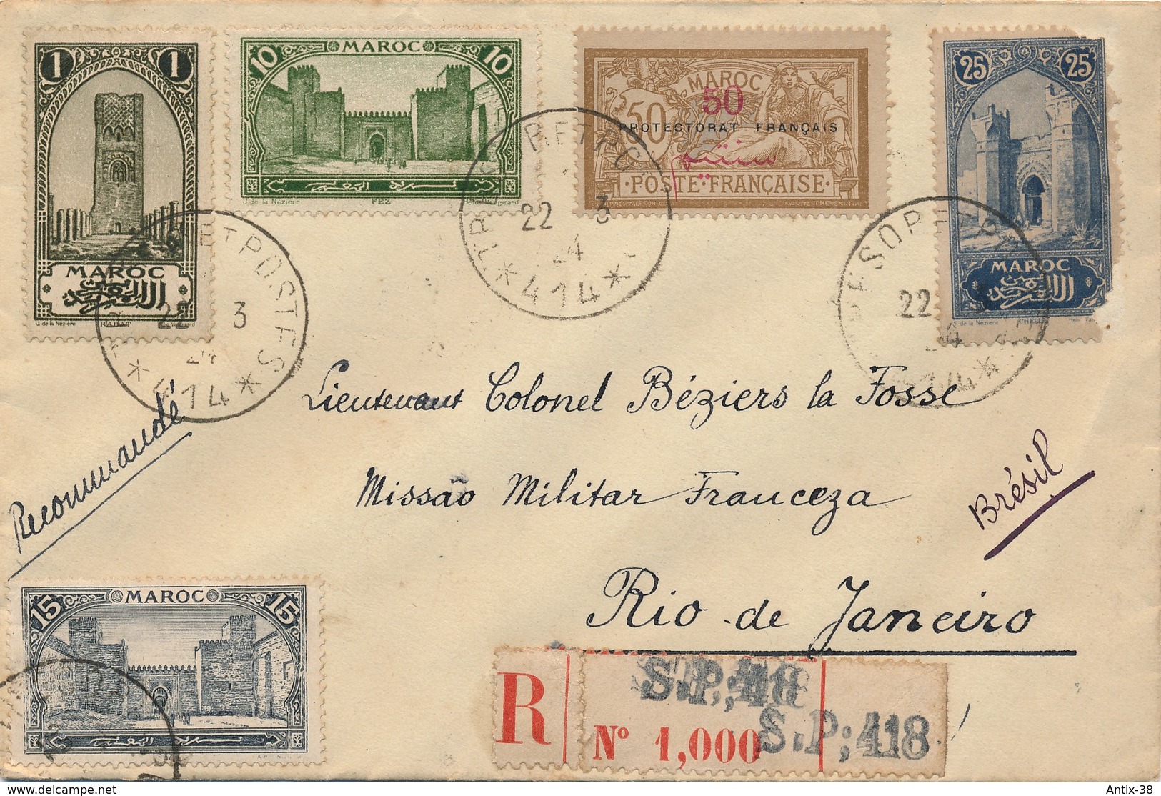 J63 - Marcophilie - Lettre Recommandée - Cachet Maroc - Vers Brésil - Rio De Janeiro - 1924 - Lettres & Documents