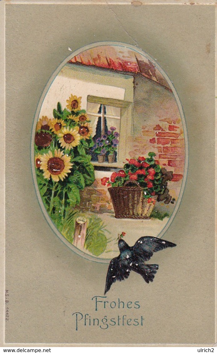AK Frohes Pfingstfest - Schwalbe Sonnenblumen Blumen - Reliefdruck - 1911 (47846) - Pentecoste