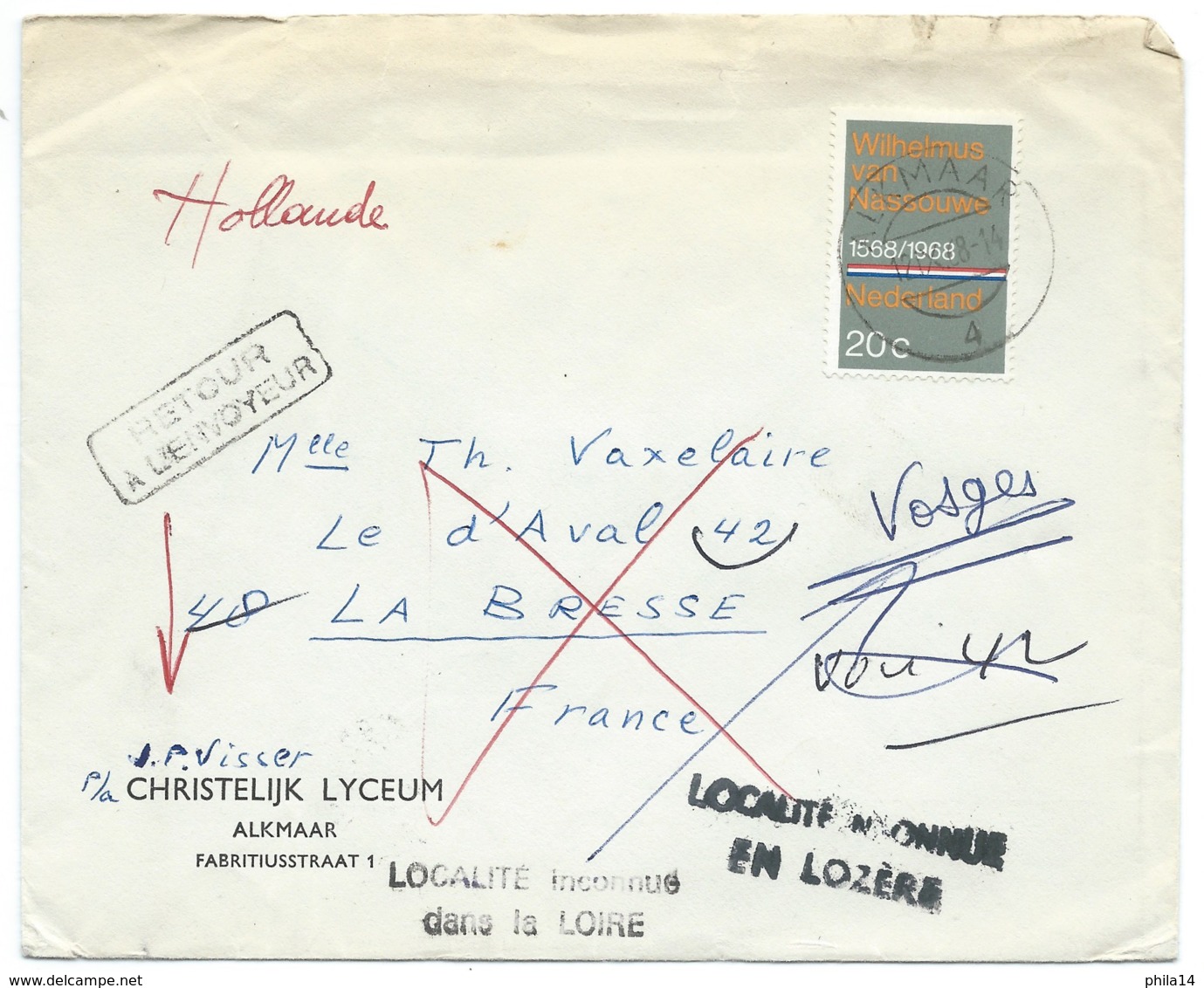 ENVELOPPE HOLLANDE PAYS BAS POUR LA BRESSE VOSGES / RETOUR A L'ENVOYEUR 1968 - Poststempel