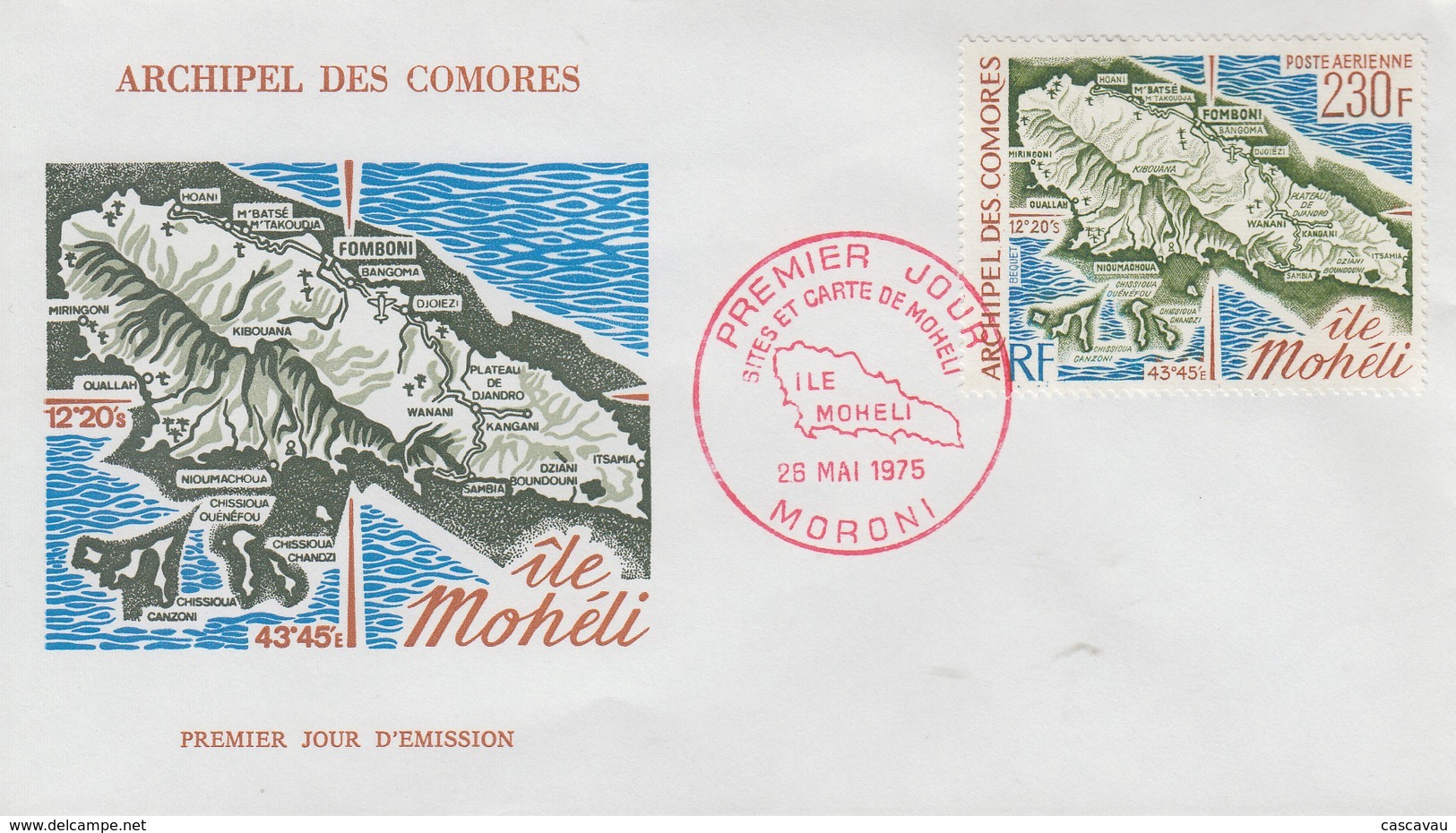 Enveloppe  FDC  1er  Jour   ARCHIPEL  Des  COMORES    Carte  De  L' Ile  MOHELI    1975 - Altri & Non Classificati