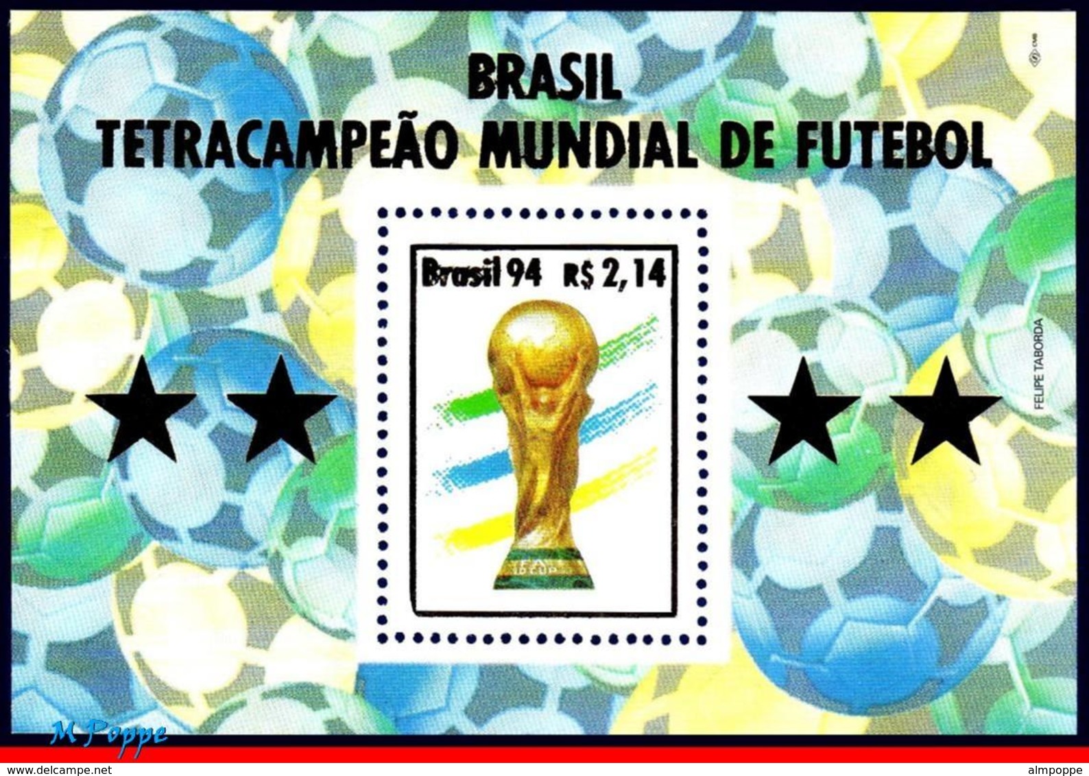 Ref. BR-2524 BRAZIL 1994 FOOTBALL SOCCER, WORLD CUP CHAMPION,, BRAZIL CHAMPION, MI# B96, S/S MNH 1V Sc# 2524 - Neufs