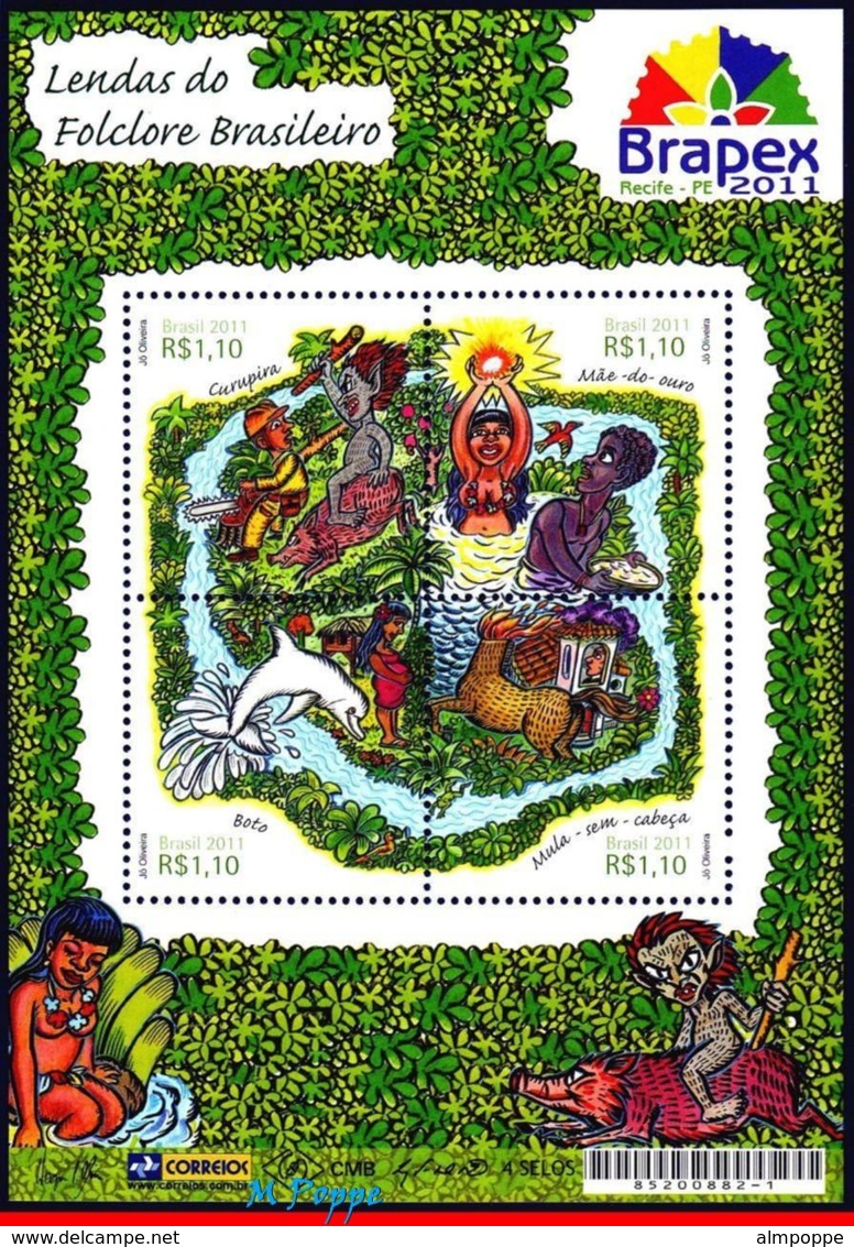 Ref. BR-3181 BRAZIL 2011 FOLKLORE, BRAZILIAN LEGENDS,, DOLPHIN, S/S MNH 4V Sc# 3181 - Neufs