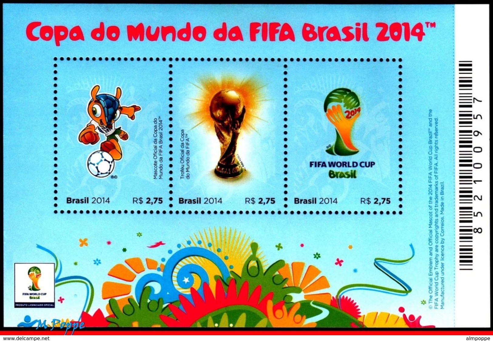 Ref. BR-3268 BRAZIL 2014 FOOTBALL SOCCER, WORLD CUP CHAMPIONSHIP,, SYMBOLS OF CUP, S/S MNH 3V Sc# 3268 - Unused Stamps