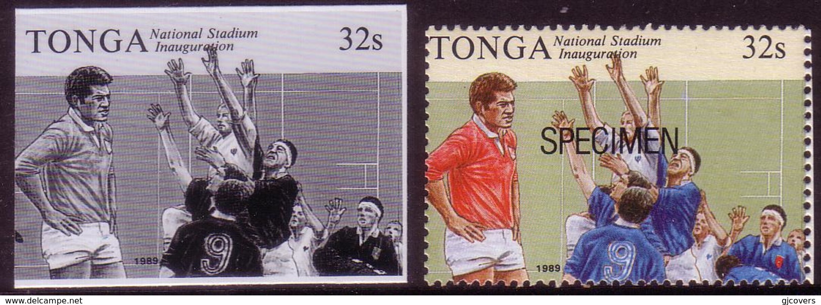 Tonga 1989 Rugby Proof In Black And White + Specimen Issued Stamp - Rugby