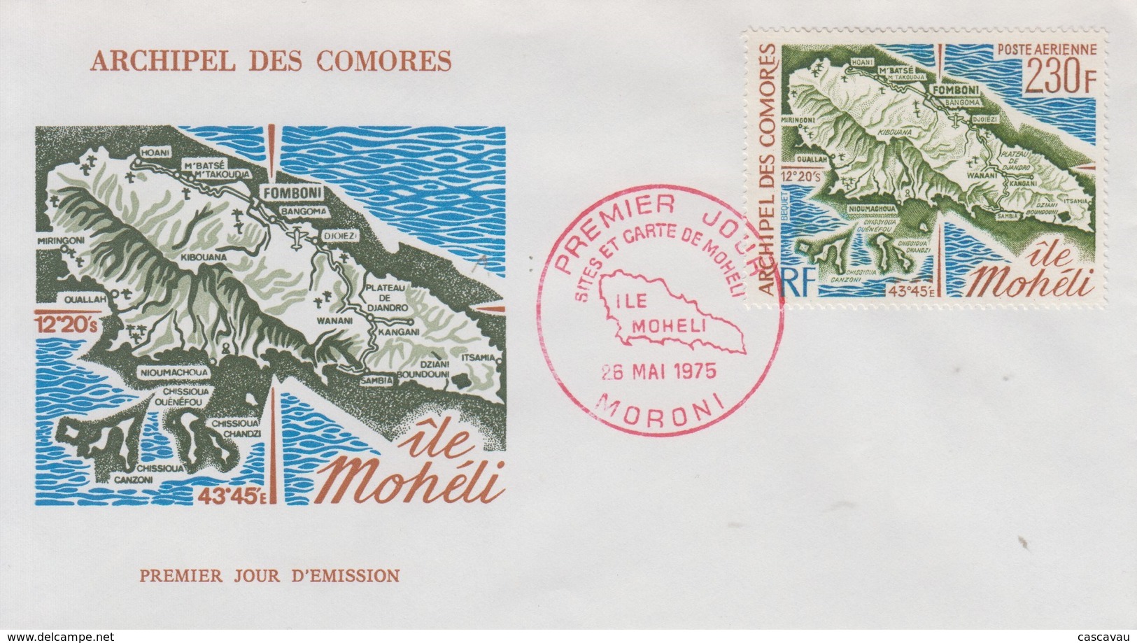 Enveloppe  FDC  1er  Jour   ARCHIPEL  Des  COMORES    Carte  De  L' Ile  MOHELI    1975 - Autres & Non Classés