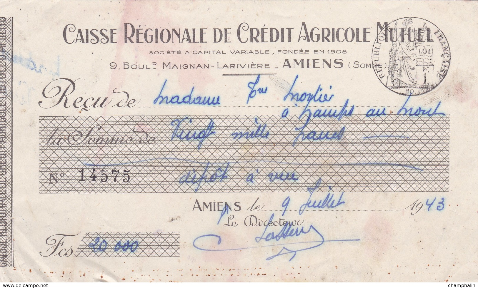 Reçu Du 9 Juillet 1943 - Namps-au-Mont & Amiens (80) - Cachet 80c - Caisse Régionale De Crédit Agricole Mutuel - Bills Of Exchange