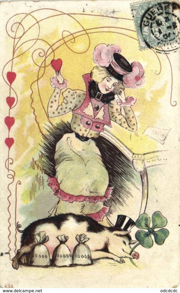 Illustrateur Jeune Femme Revant à La Fortune Devant Un Cochon Chapeau  Haut De Forme  Trefle Sacs D'Or Coeurs  RV - Women