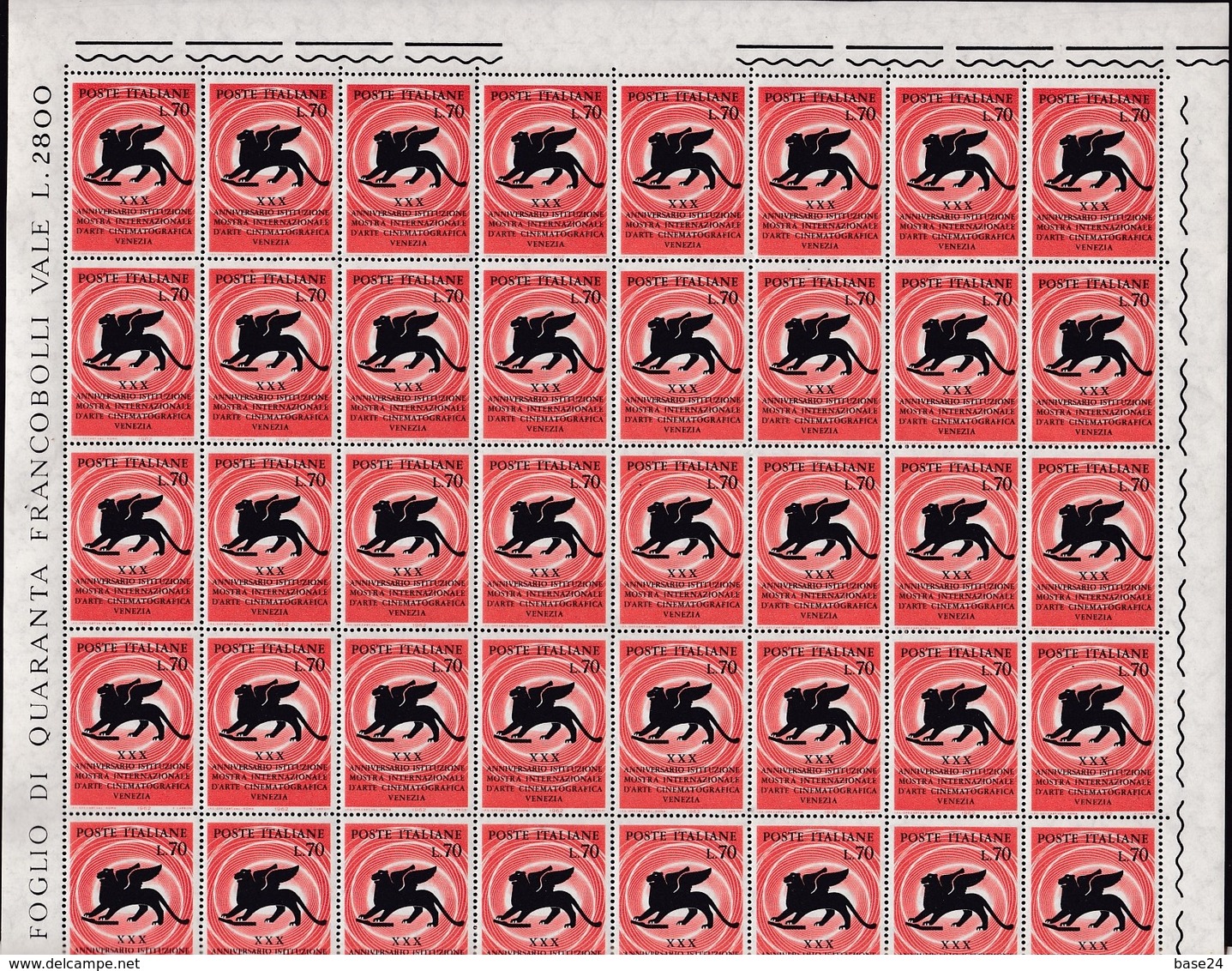 1962 Italia Repubblica 30° MOSTRA DEL CINEMA DI VENEZIA 80 Serie Di 2 Valori In Doppio Foglio Di 40 MNH** Double Sheet - Ganze Bögen