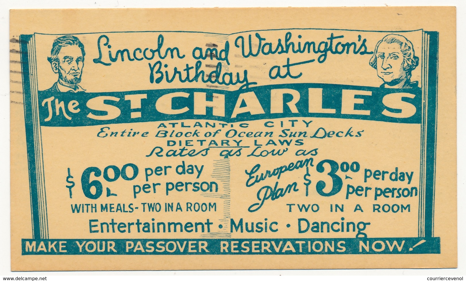 USA - CP (entier Postal) 1c Repiqué "Lincoln And Washington's Birtday At The St Charles (hotel)" - Atlantic City 1941 - Other & Unclassified