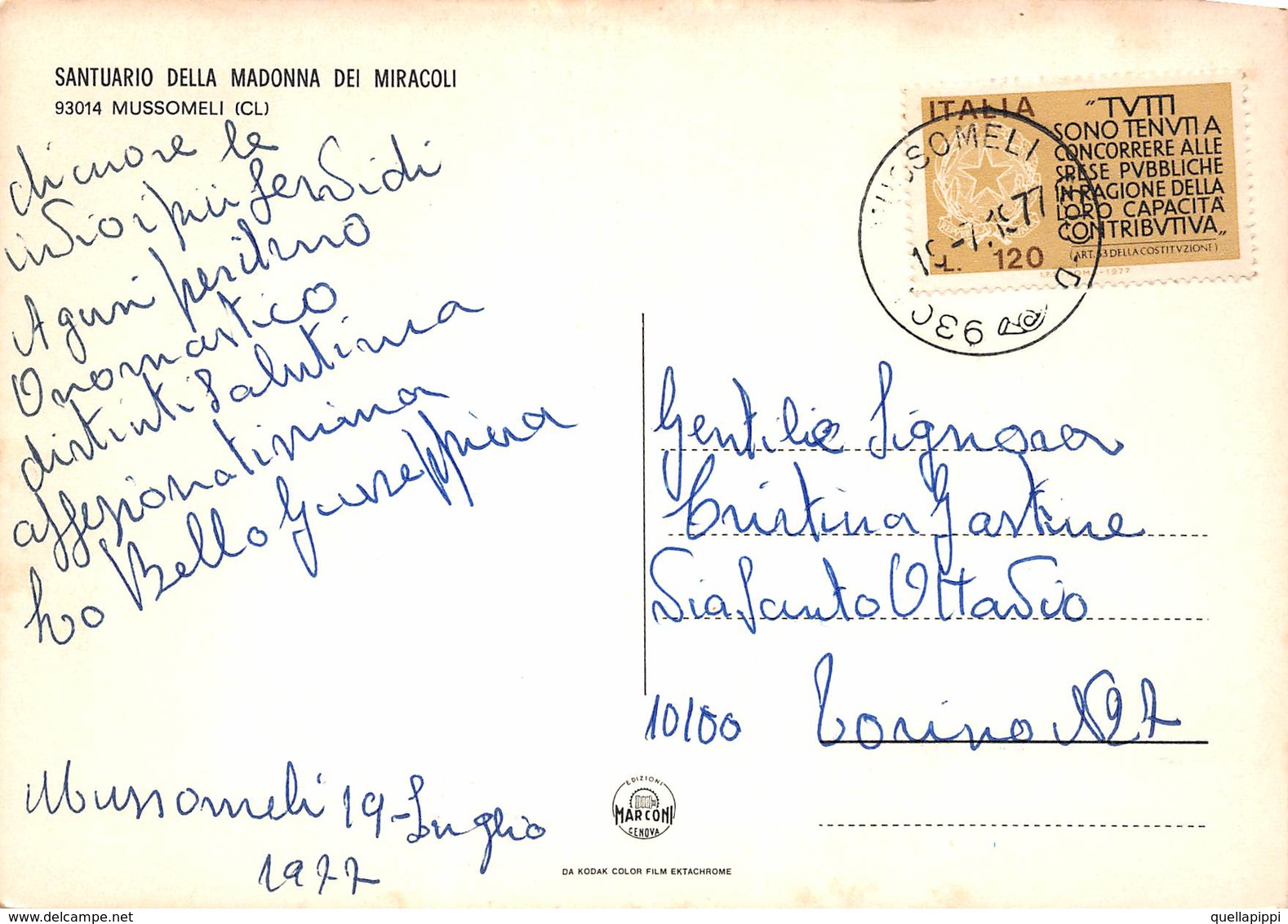 09885 "CALTANISETTA - SALUTI DA MUSSOMELI - SANTUARIO DELLA MADONNA DEI MIRACOLI"   ICONA, SANTUARIO. CART  SPED 1977 - Caltanissetta