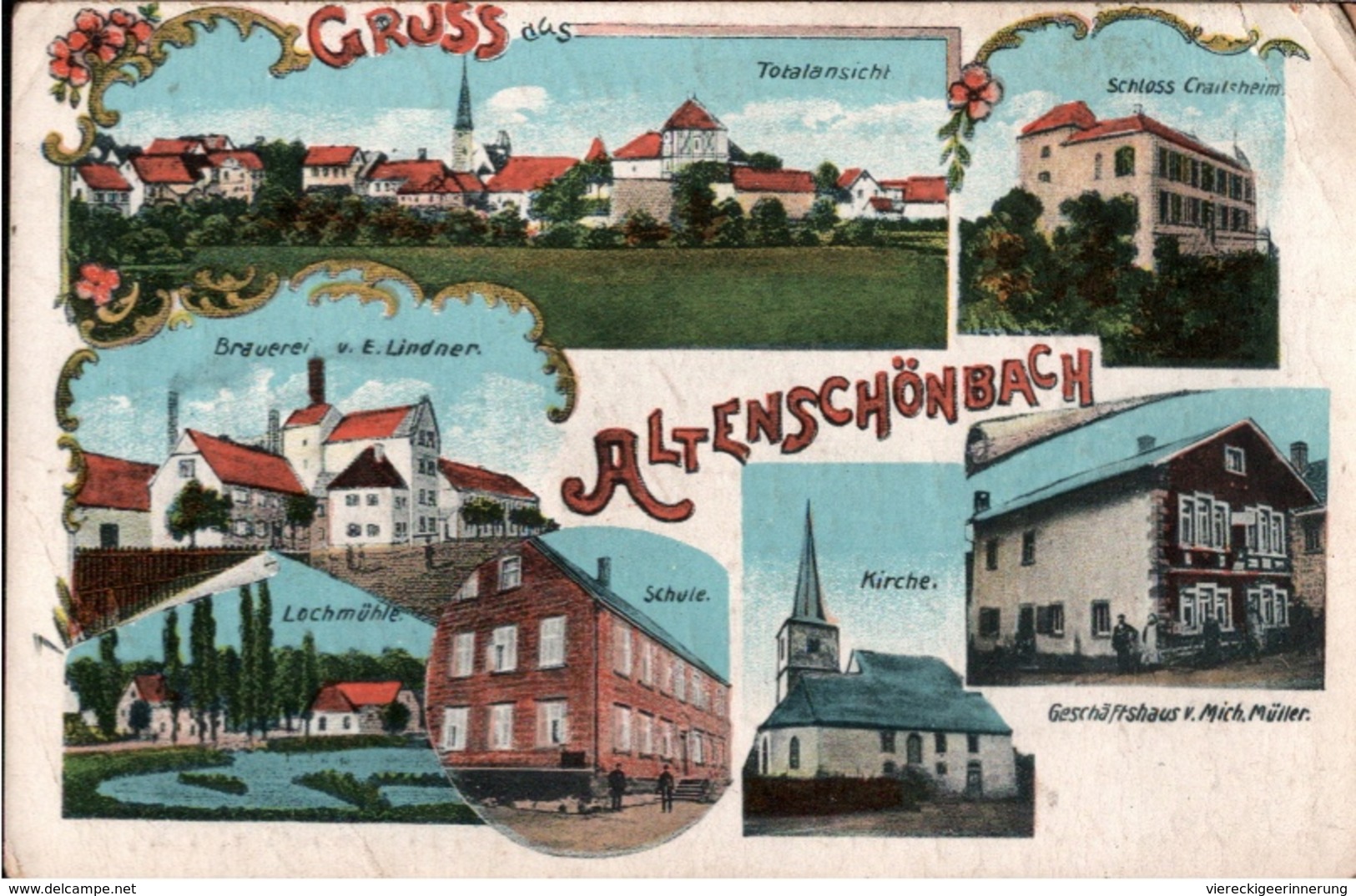 ! 1917 Lithokarte Gruss Aus Altenschönbach Bei Prichsenstadt, Brauerei Lindner, Schule, Kirche, Schloss, Bayern - Other & Unclassified