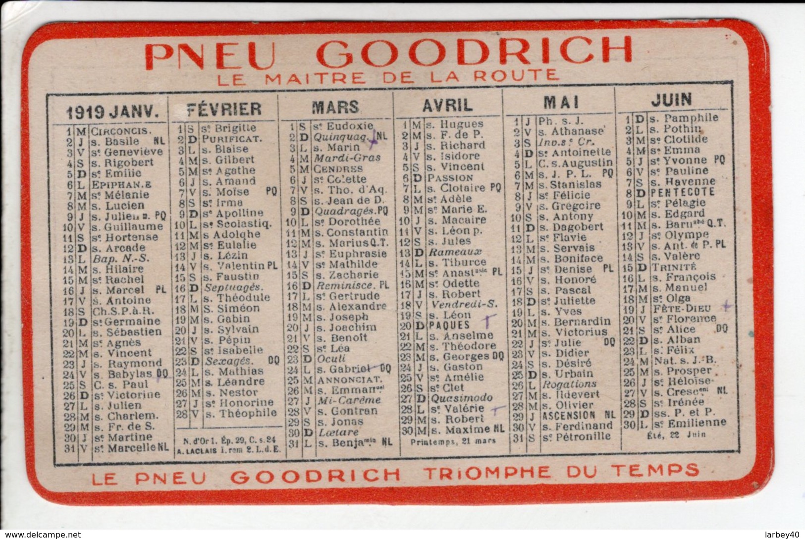 Calendrier 1919 Pneu Goodrich - Petit Format : 1901-20
