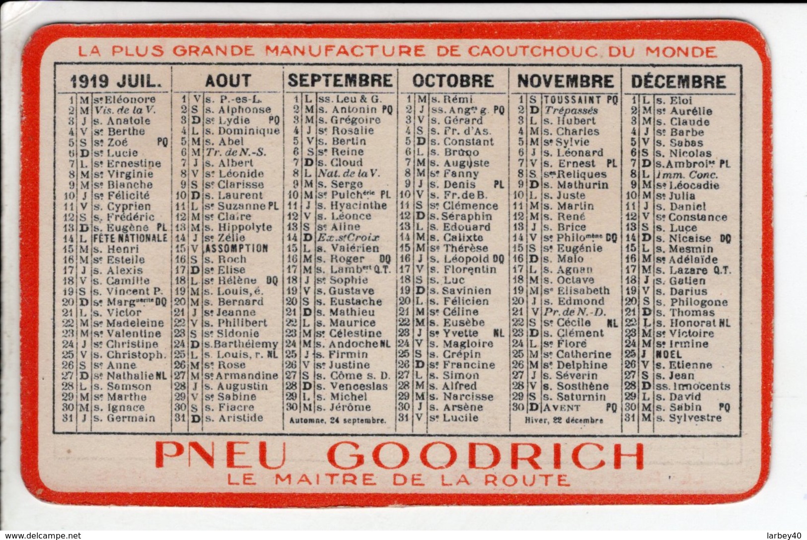 Calendrier 1919 Pneu Goodrich - Petit Format : 1901-20