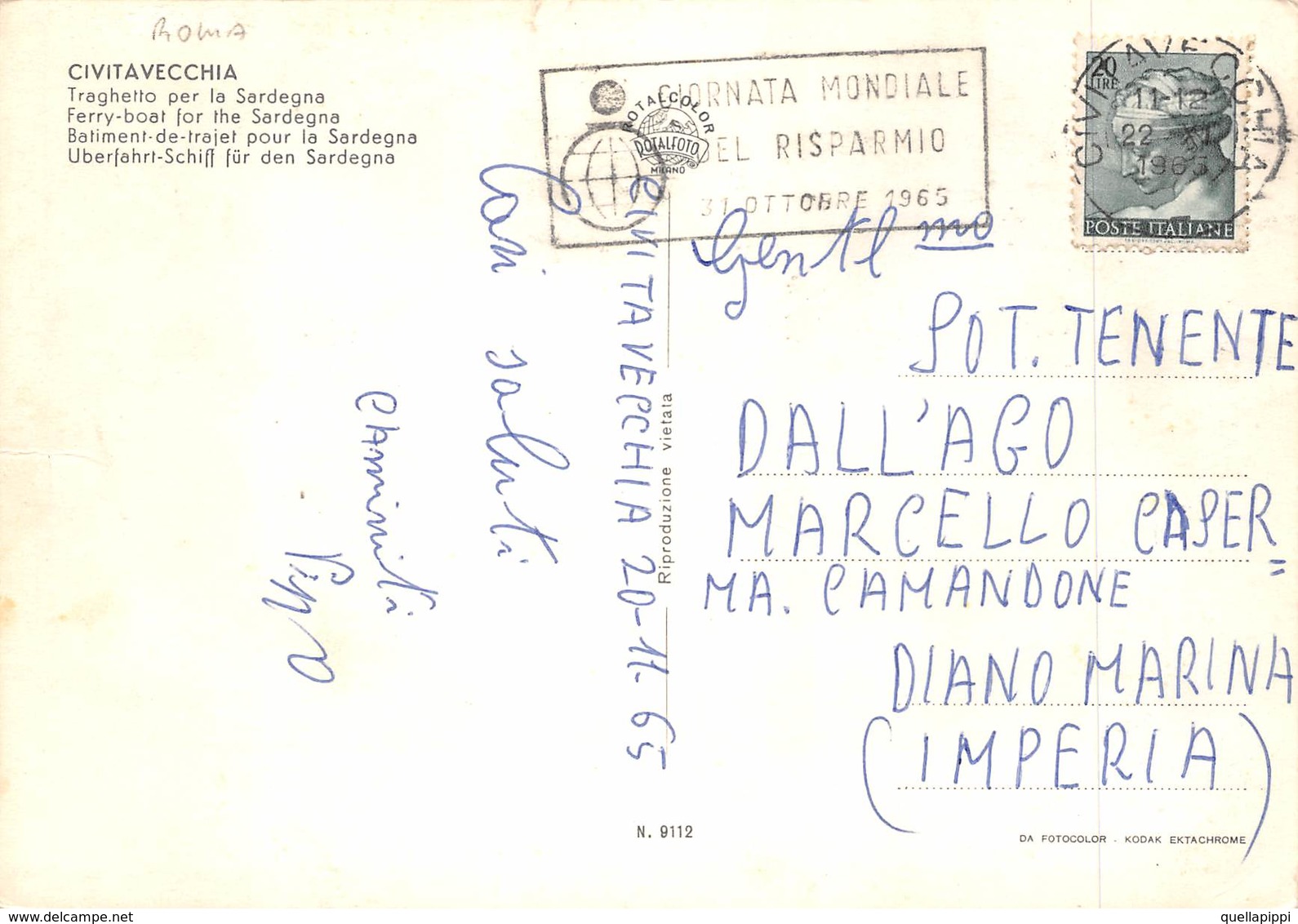 09908 "CIVITAVECCHIA - TRAGHETTO PER LA SARDEGNA TYRSUS"  TRAGHETTO, ANIMATA. CART  SPED 1965 - Civitavecchia