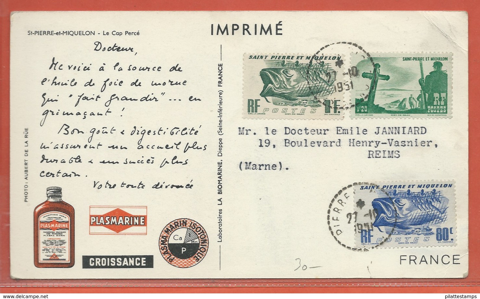 SAINT PIERRE ET MIQUELON CARTE PHARMACEUTIQUE DE 1951 POUR REIMS FRANCE - Lettres & Documents