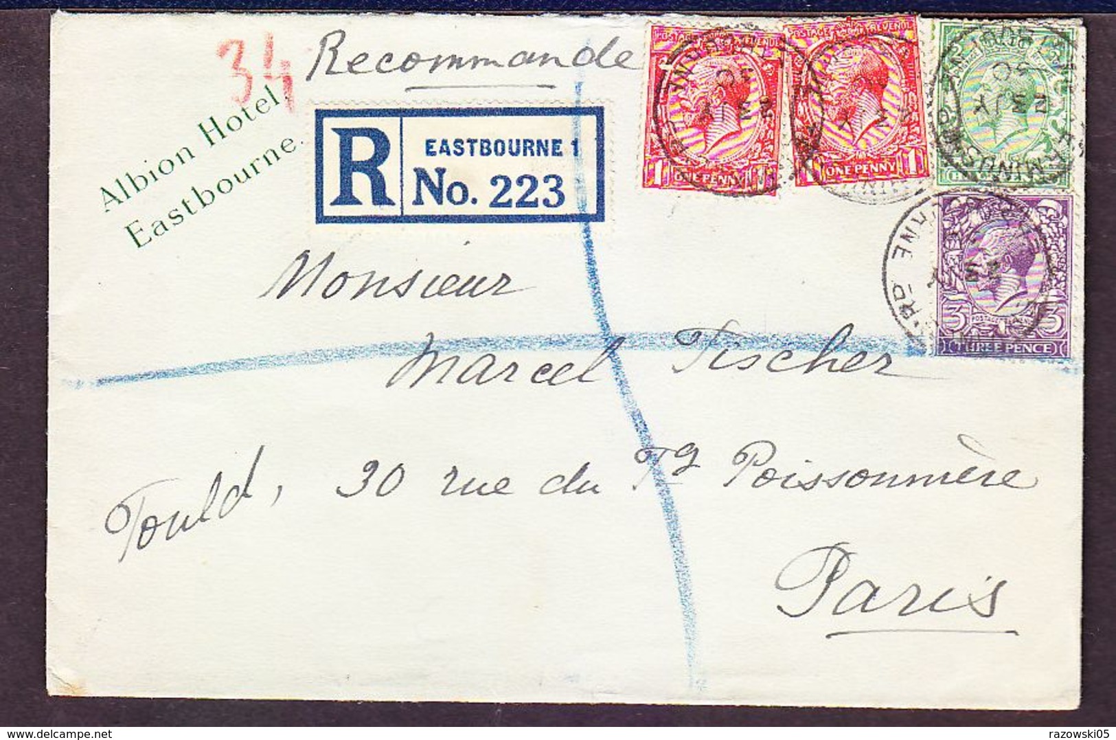 TIMBRE LETTRE ROYAUME UNI ANGLETERRE ALBION HOTEL EASTBONNE RECOMMANDE PARIS - Altri & Non Classificati