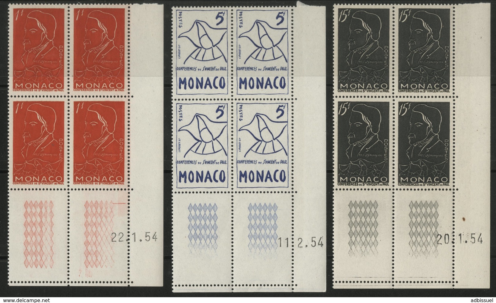 MONACO N° 399 à 401 Cote 16.8 € Série De 3 Blocs De 4 Neuf ** (MNH) Avec Coin Daté Du 22/1/54, 11/2/54 Et 20/1/54. TB - Neufs