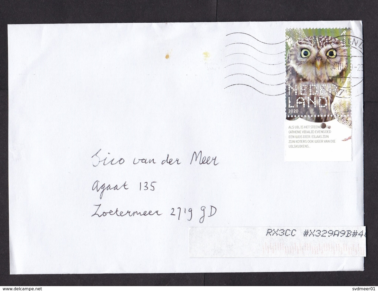 Netherlands: Cover, 2020, 1 Stamp + Tab, Stone Owl, Bird, Sorting Label (damaged: 2 Small Stains) - Lettres & Documents