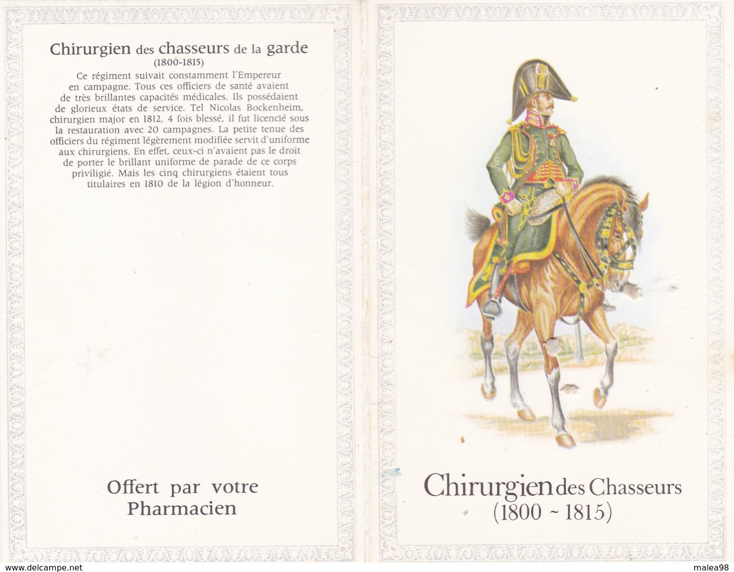 PETIT CALENDRIER ,,,,CHIRURGIEN DES CHASSEURS ,,,,1800 - 1815,,,, OFFERT PAR VOTRE PHARMACIEN,,, - Petit Format : 1971-80