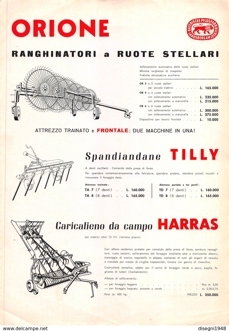 08987 "ORIONE - RANGHINATORI - SPANDIANDANE - CARICAFIENO DA CAMPO" VOLANTINO ORIGINALE - Trattori