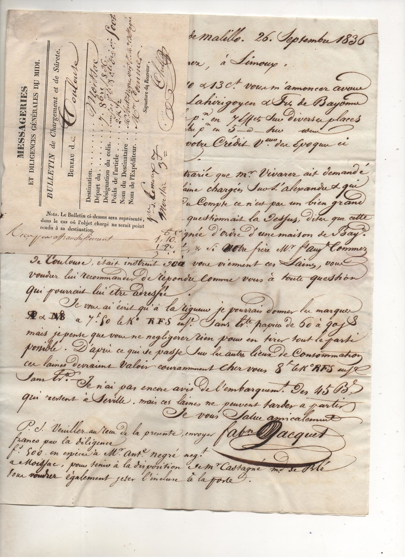 De MALILLOS Du 26- 09- 1836 , Cachets " ESPAGNE Par OLERON" Plus Taxes Manuelles Et Cachet "2" - ...-1850 Préphilatélie