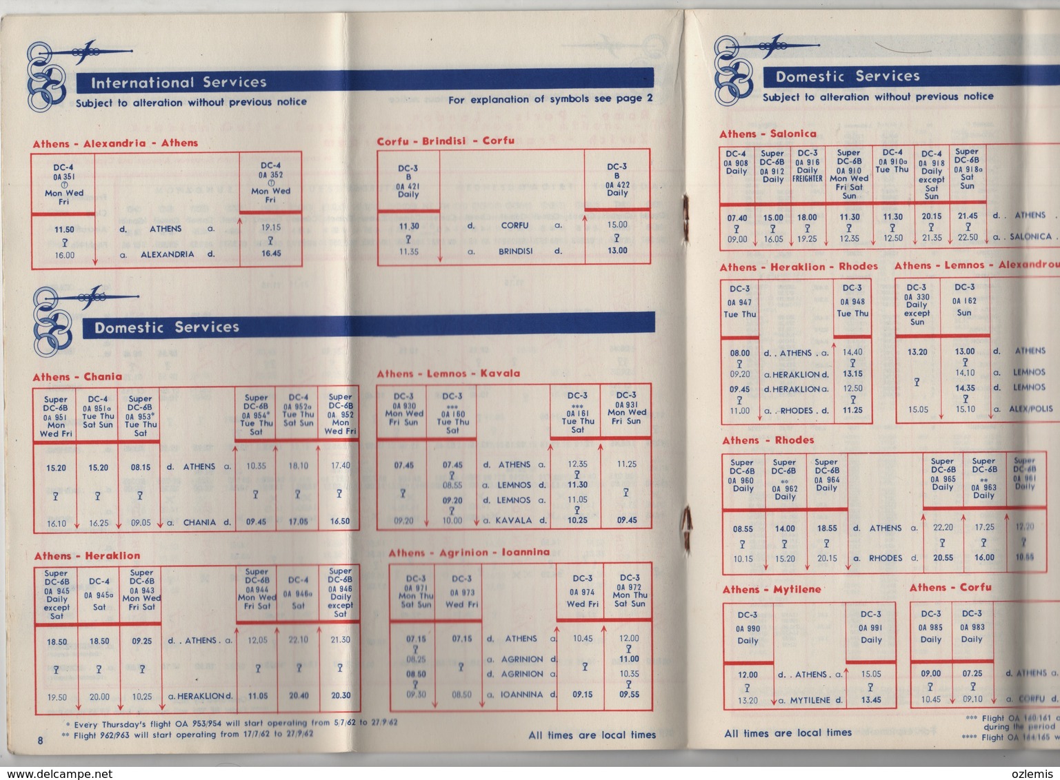 OLYMPIC AIRWAYS 1962 TIMETABLE - Zeitpläne