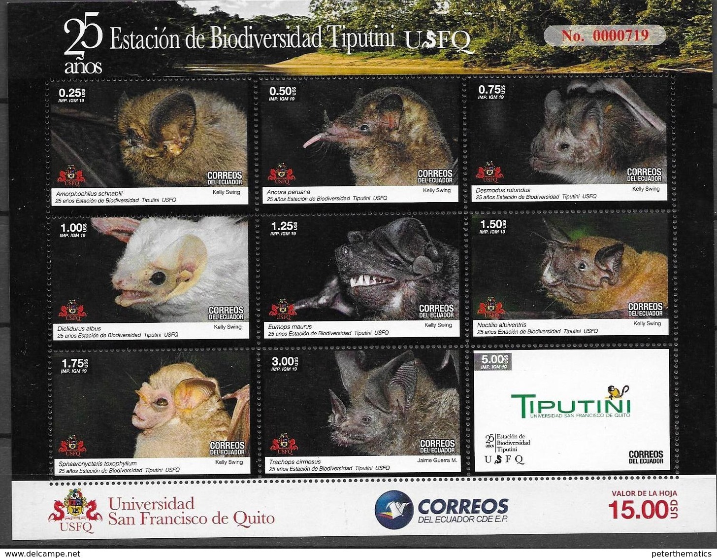 ECUADOR, 2019, MNH, BIODIVERSITY STATION TIPUTINI , FAUNA, BATS, SHEETLET OF 9v - Bats