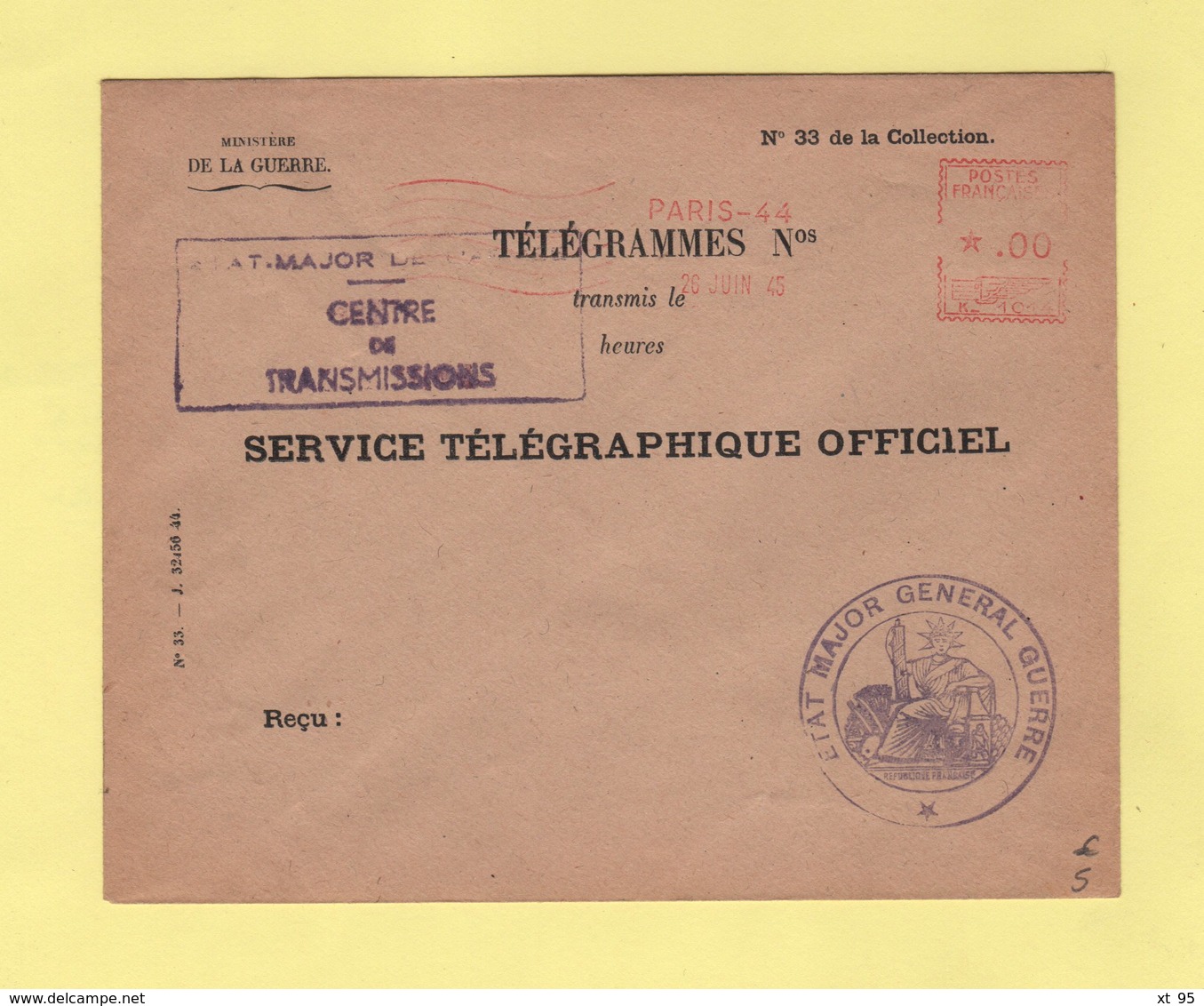 Centre Des Transmissions - Etat Major General Guerre - Service Telegraphique Officiel - EMA Machine K - 26 Juin 1945 - WW II