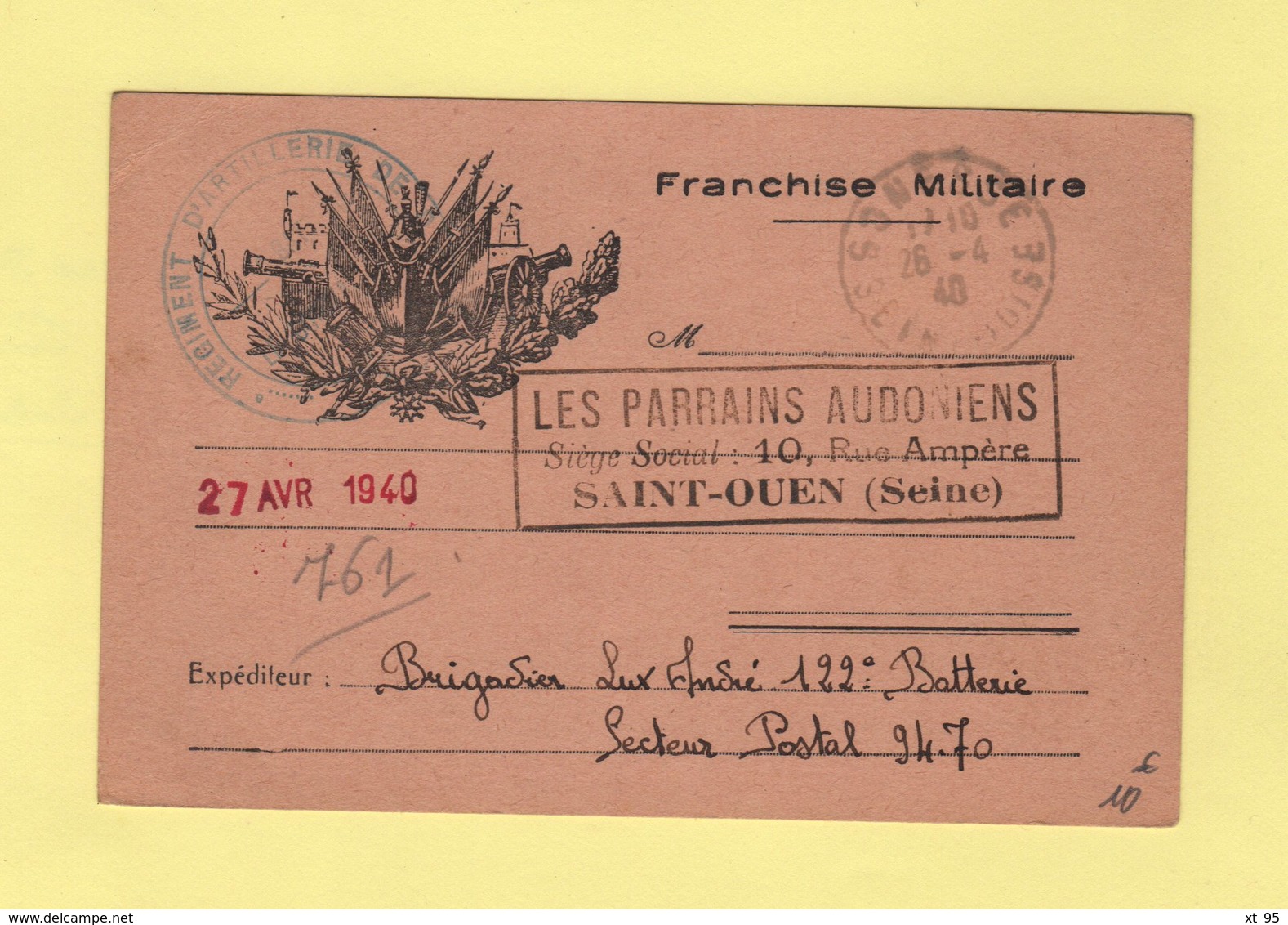 Carte De Franchise Militaire Illustree Adressee Aux Parrains Audoniens De Saint Ouen  - Gonesse Seine Et Oise 26-4-1940 - Oorlog 1939-45