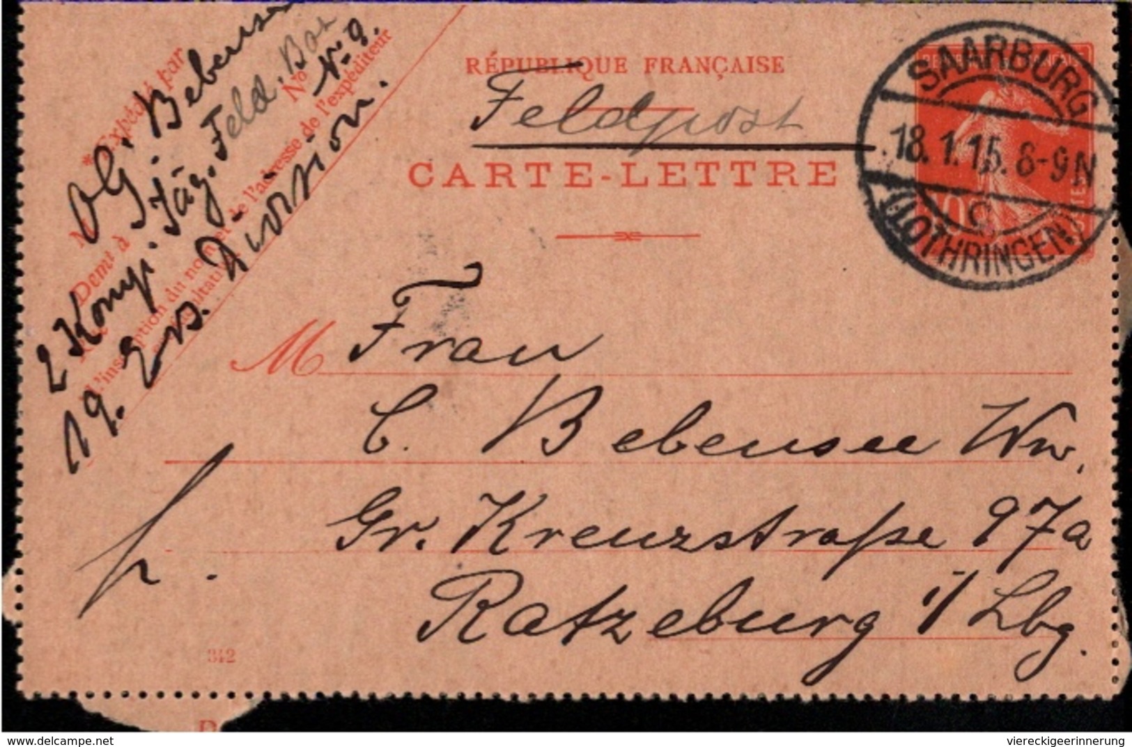 ! 1915 Feldpost, Ganzsache Frankreich, 1.Weltkrieg, Carte Lettre, Saarburg Lothringen Nach Ratzeburg, Lauenburger Jäger - Lettres & Documents