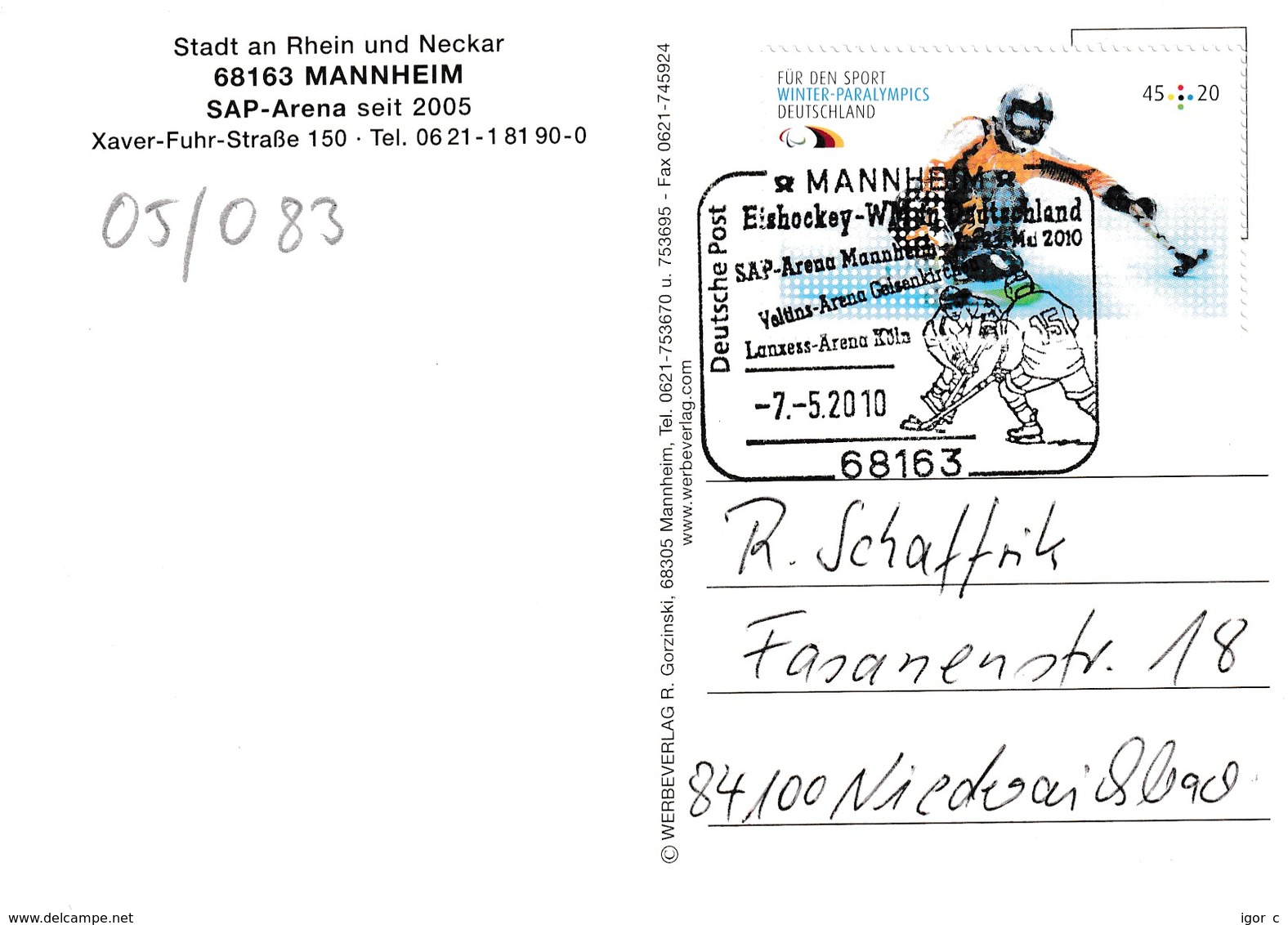 Germany 2010 Card: Ice Hockey Sur Glace; Eishockey; IIHF World Championship Sap Arena Mannheim; Paralympics; 2 Scans - Eishockey
