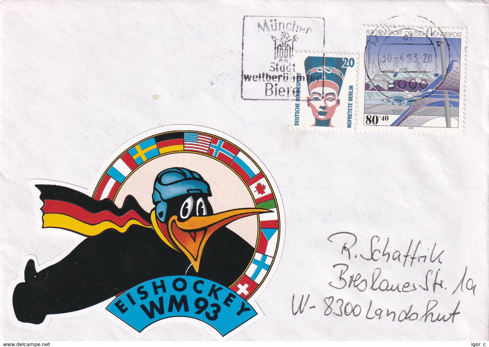 Germany 1993 Cover: Ice Hockey Sur Glace; Eishockey; IIHF World Championship München Dortmnud; VIGNETTE LABEL; - Eishockey