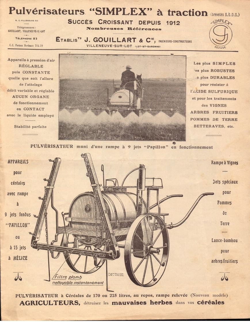 Lot Et Garonne, Villeneuve Sur Lot, SIMPLEX Pulverisateurs, Etablis: J. Gouillart, Materiel        (bon Etat) - Matériel Et Accessoires