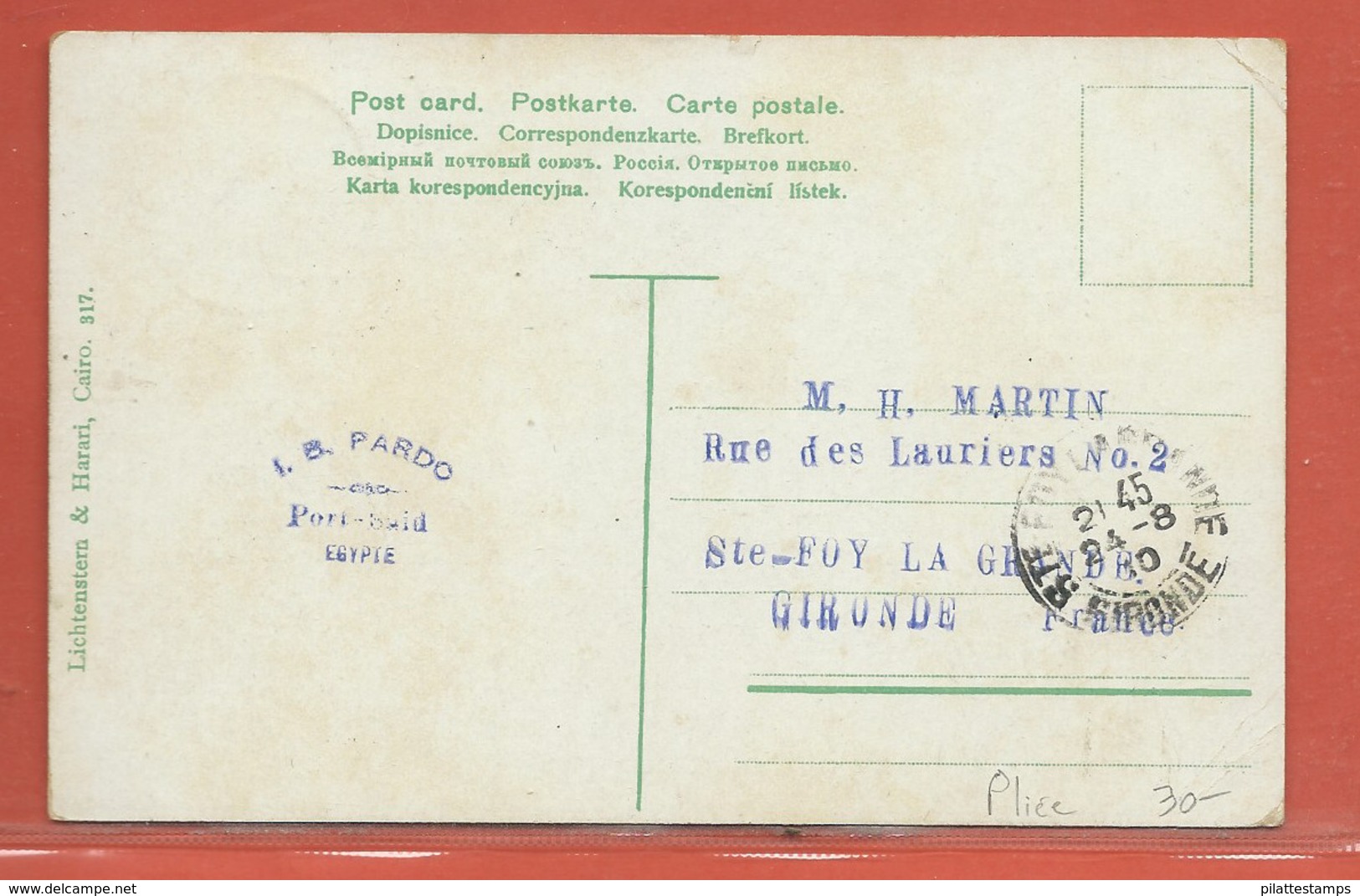 PORT SAID CARTE POSTALE AFFRANCHIE DE 1910 POUR STE FOY LA GRANDE FRANCE - Covers & Documents