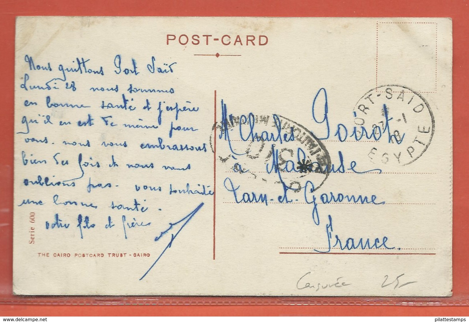 PORT SAID CARTE POSTALE CENSUREE AFFRANCHIE DE 1918 - Lettres & Documents