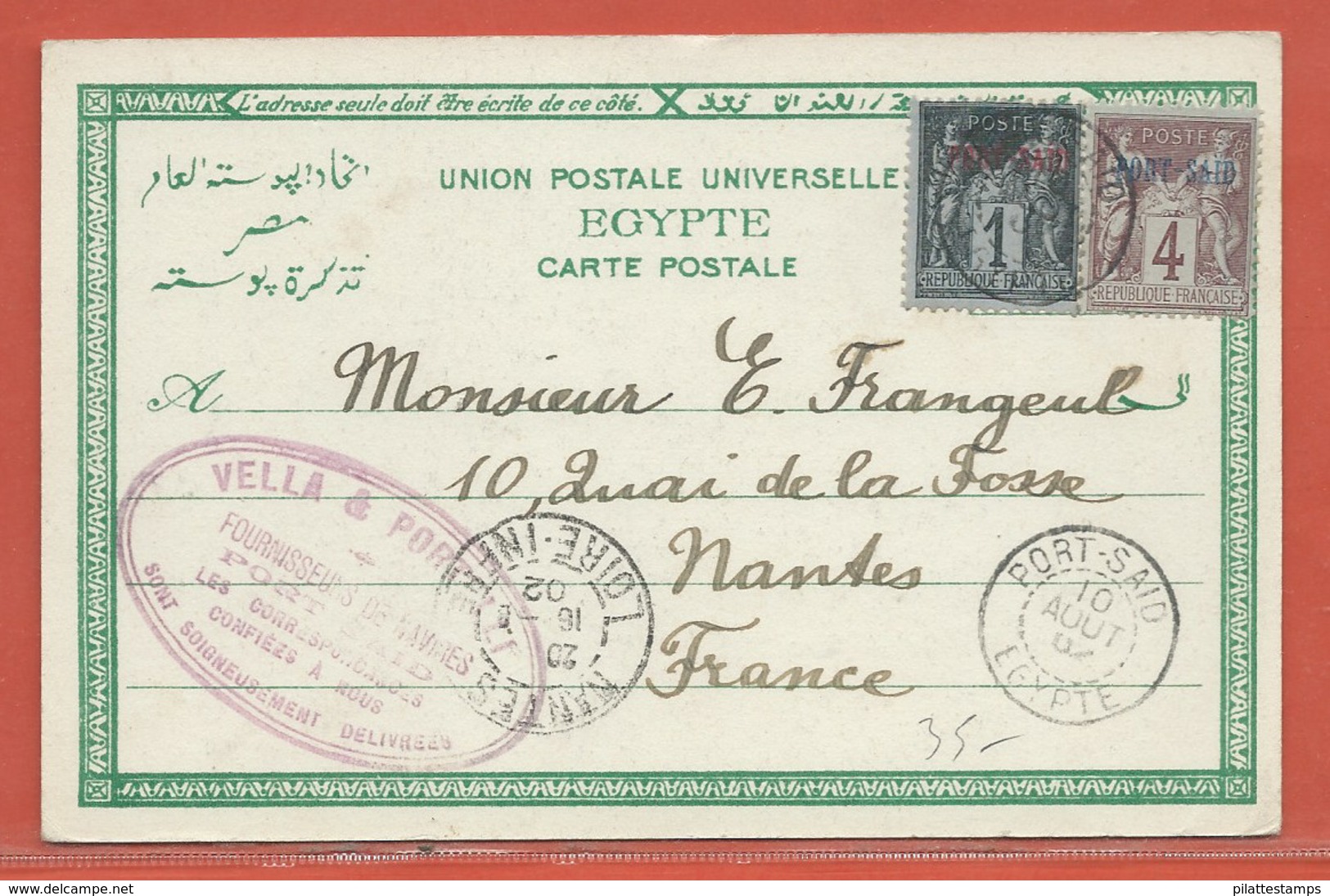 PORT SAID CARTE POSTALE AFFRANCHIE DE 1902 POUR POUR NANTES FRANCE - Covers & Documents