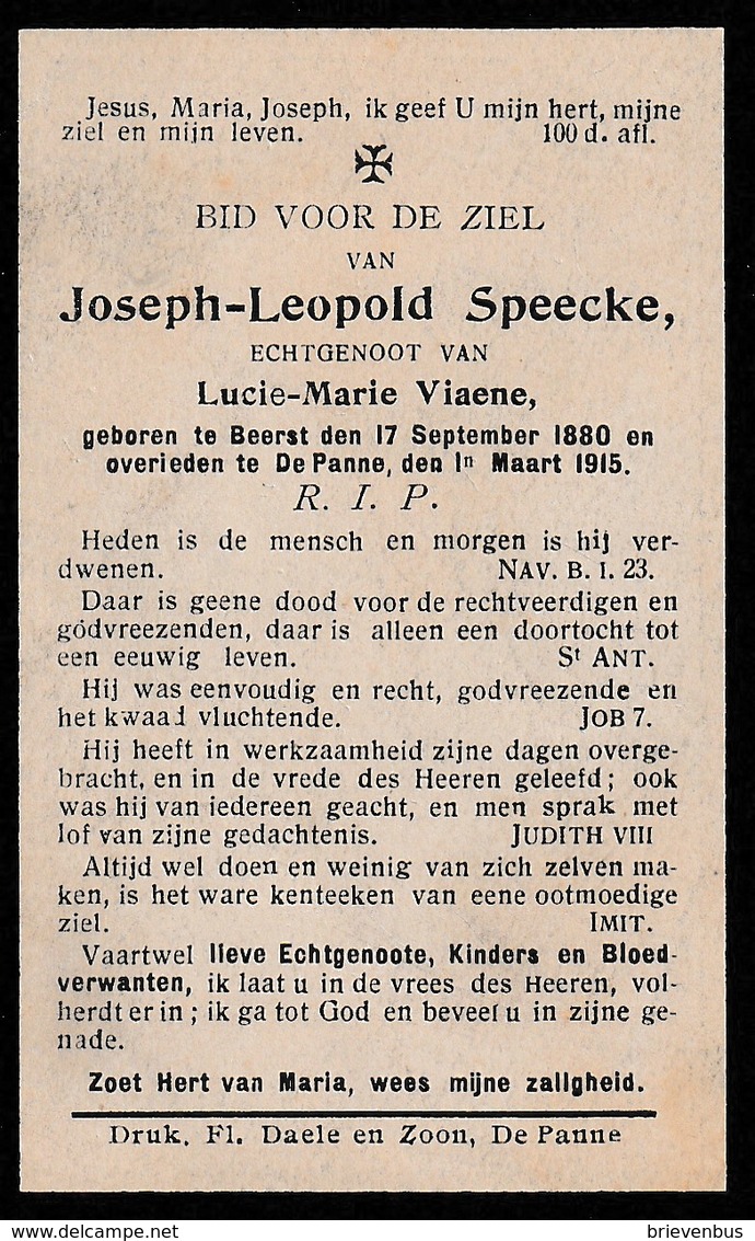 Beerst, De Panne, 1915, Joseph Speecke, Viaene - Images Religieuses