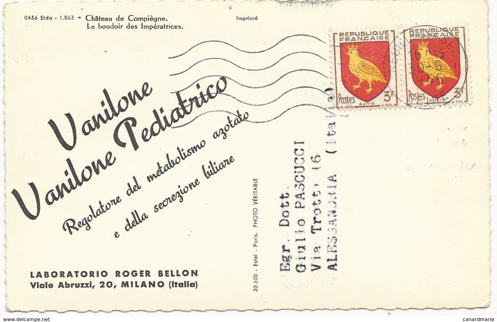 CARTE POSTALE 1956 AU TARIF IMPRIMES POUR L'ITALIE AVEC 2 TIMBRES BLASON D'AUNIS - 1921-1960: Moderne